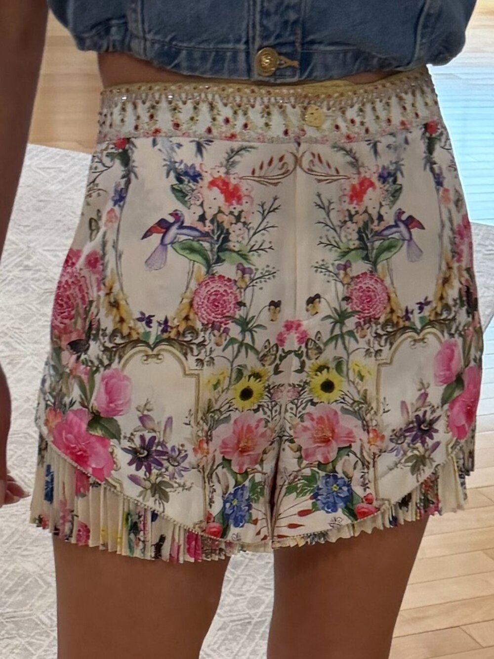 Camilla satin pleated shorts with beading